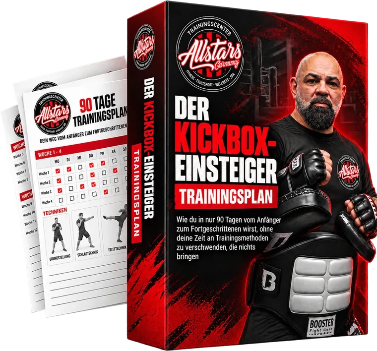 Produktbox „Der Kickbox-Einsteiger Trainingsplan“ mit den Blättern des 90-Tage-Trainingsplans